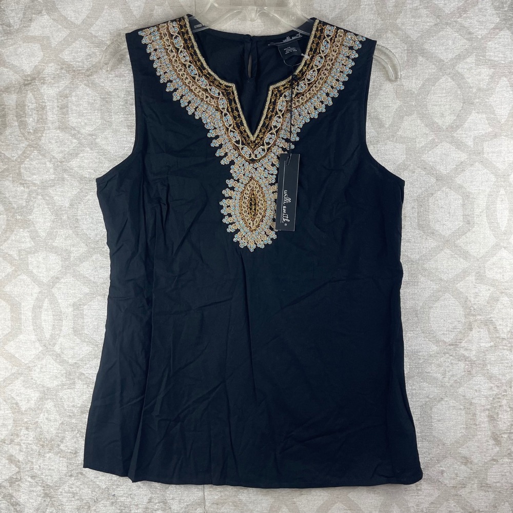 Willi Smith Sleeveless Cotton Top Women Size 10 Black NWT Beaded V-Neck Blouse